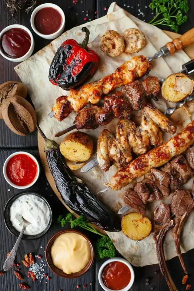A catering platter of grilled skewers, sauces and sides