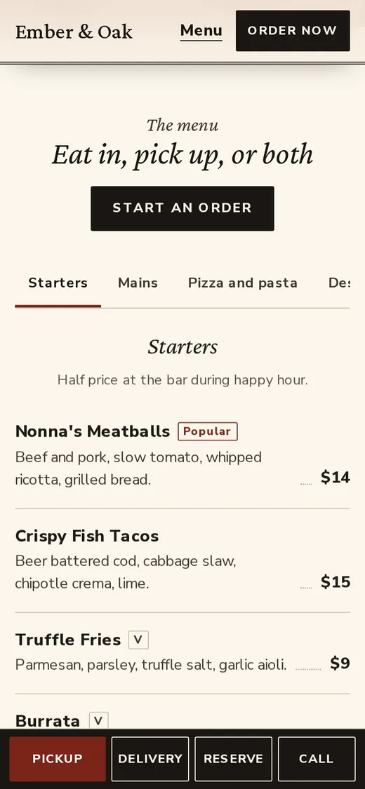 The Classic look menu on a phone with the start an order button and the pickup, delivery, reserve and call bar at the bottom