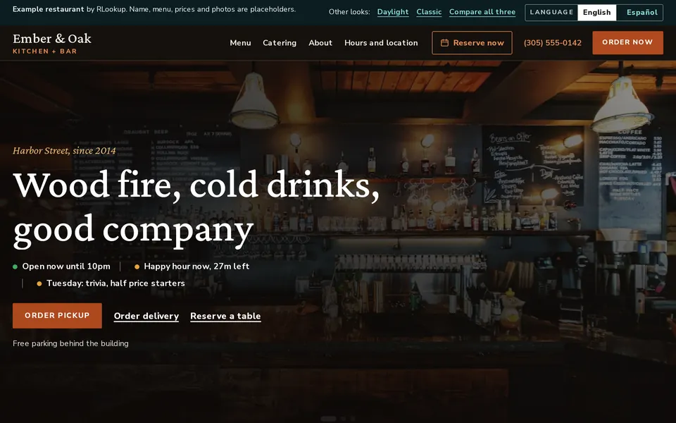 The Night look of the example restaurant on a laptop