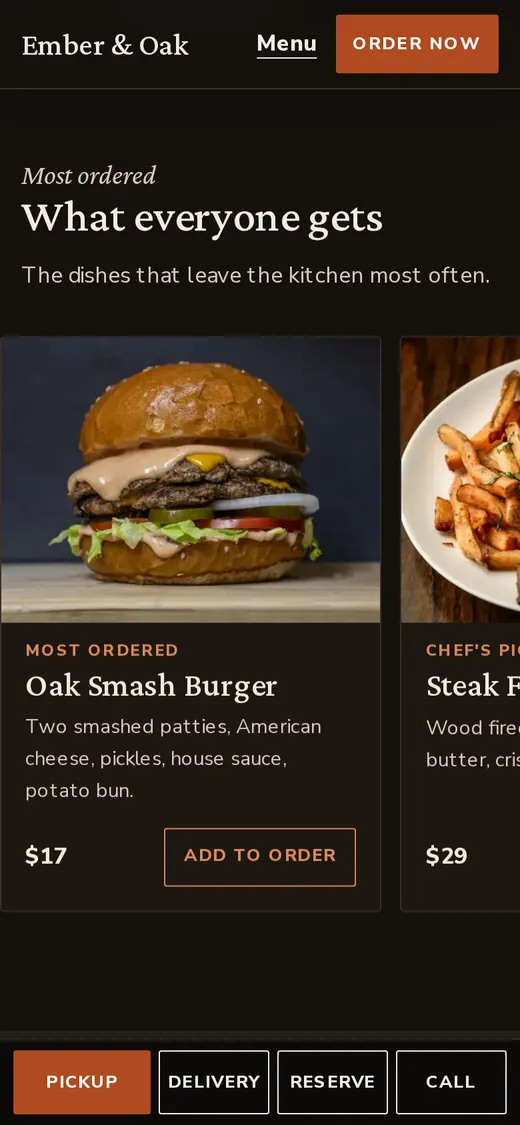 The most ordered dishes on a phone, each with a photo, a price and an add to order button, above the pickup, delivery, reserve and call bar